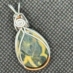 Green/Yellow Jasper Silver and Copper Wrapped Wire Pendant